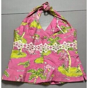 Lilly Pulitzer Halter Top Size 2 Pink Flamingo Island Vacation Cruise Boating